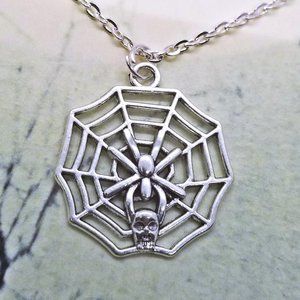 Full Spiderweb & Spider Silver Necklace